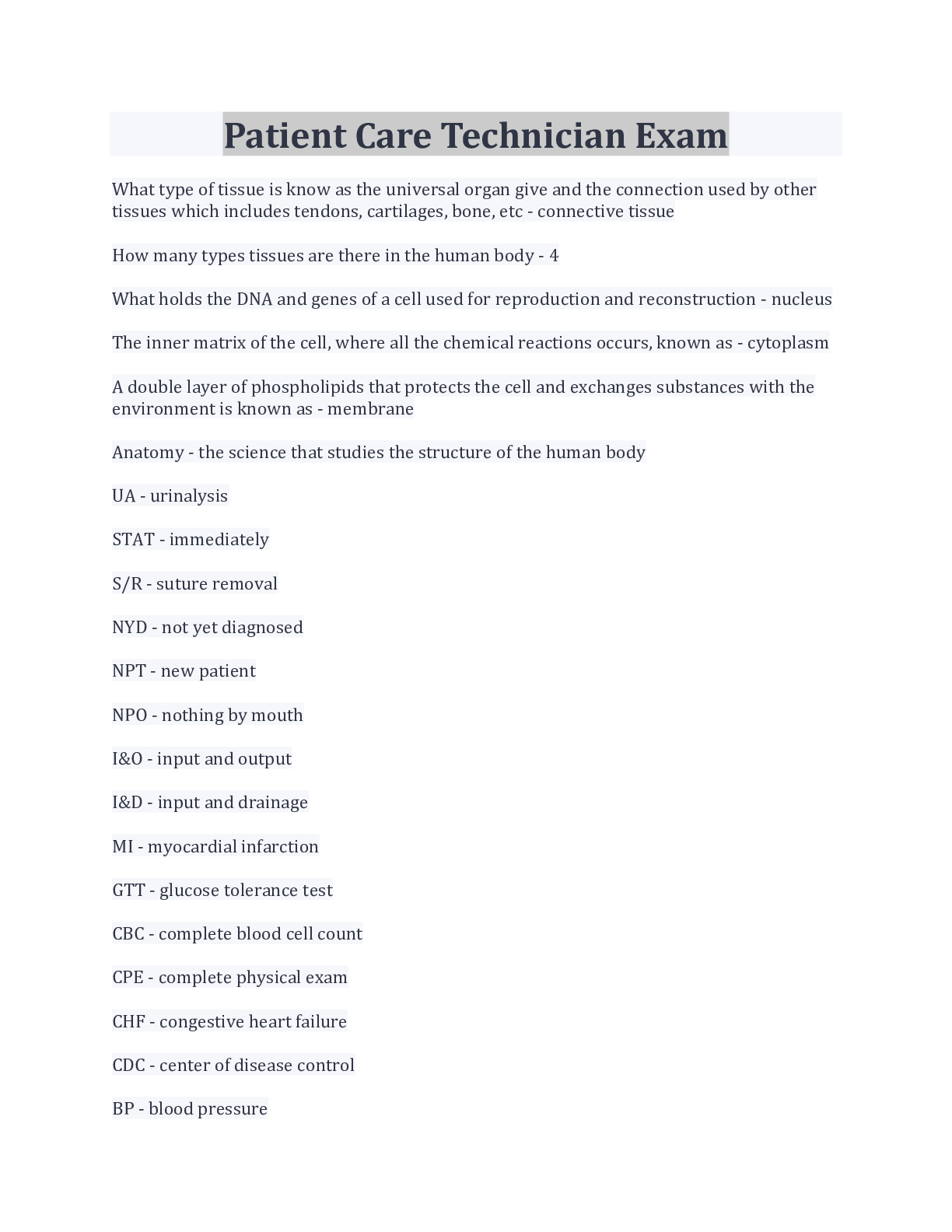 Preview image for Patient Care Technician Exam Questions And Answers